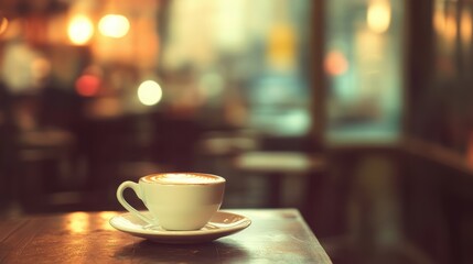 cozy coffee shop ambiance with blurred background and focus on a cup of coffee on a wooden table in soft warm lighting