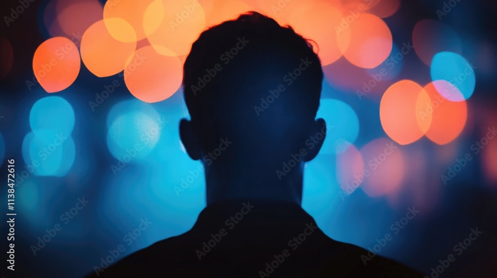 Poster abstract silhouette of a man with colorful bokeh lights in the background creating a dreamy and cont