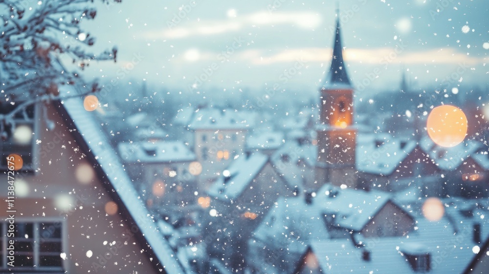Poster snowy rooftops and spire in a blurred winter background with falling snowflakes and soft bokeh light