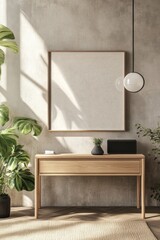 Modern Minimalist Living Room Interior with Blank Frame and Plants
