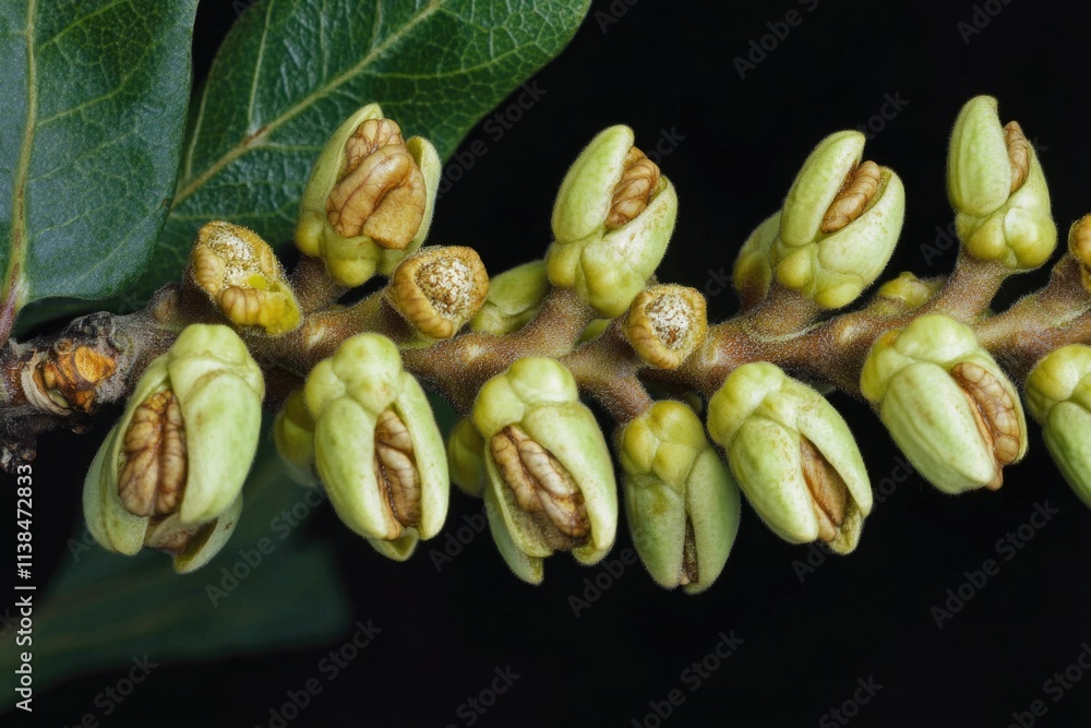 Poster a close-up shot of a tree branch with budding flowers, suitable for use in spring-themed designs and