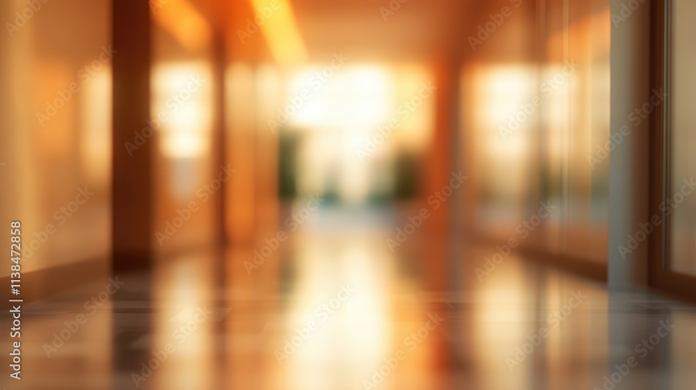 Poster warmly lit blurred interior hallway creating a soft and inviting atmosphere ideal for background use