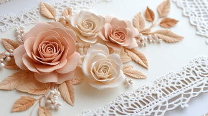 Handmade card featuring pressed paper roses in soft peach and white tones, adorned with intricate lace details and delicate foliage for elegant and vintage inspired design