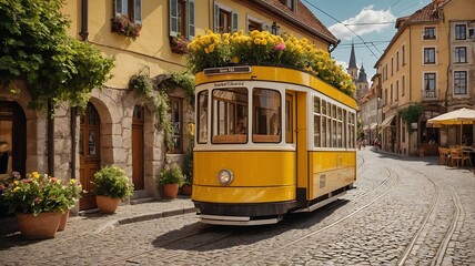 Naklejka premium Charming Yellow Tram in a Picturesque European Town