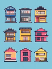 Collection of Colorful Modern Houses, Suburban Homes, House Illustrations