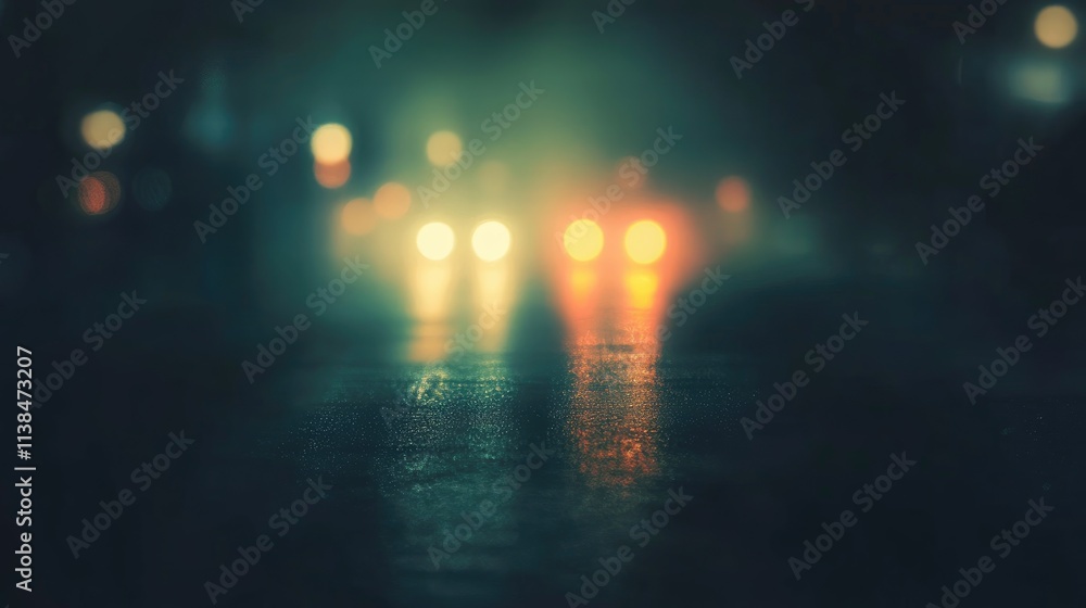 Poster abstract long exposure of blurred defocused road at night with glowing lights creating a mysterious 