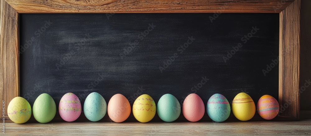 Aufkleber chalkboard frame with colorful easter eggs for spring holiday message display and decoration concept
