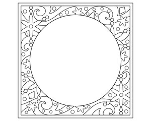 Winter square frame with snowflakes and stars - vector linear illustration for coloring. Outline. Frosty patterns - frame with place for your photo or text, round copy space	