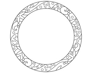 Winter round frame with snowflakes and stars - vector linear illustration for coloring. Outline. Frosty patterns - frame with place for your photo or text, copy space