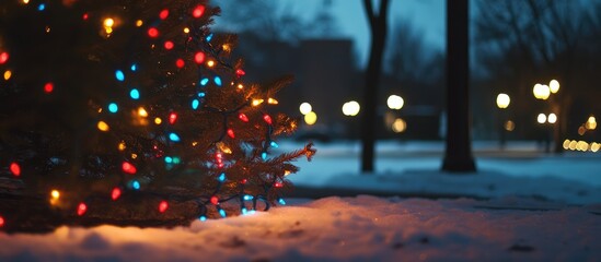 Obraz premium Bokeh of colorful Christmas lights on a snowy evening with trees and glowing street lamps in the background