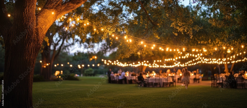 Poster warm bokeh lights illuminating an outdoor gathering under a tree at dusk creating a festive and invi
