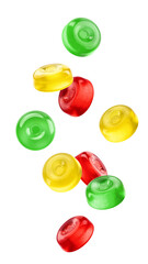 Falling Hard Candy, colourful fruit caramel, isolated on white background, full depth of field