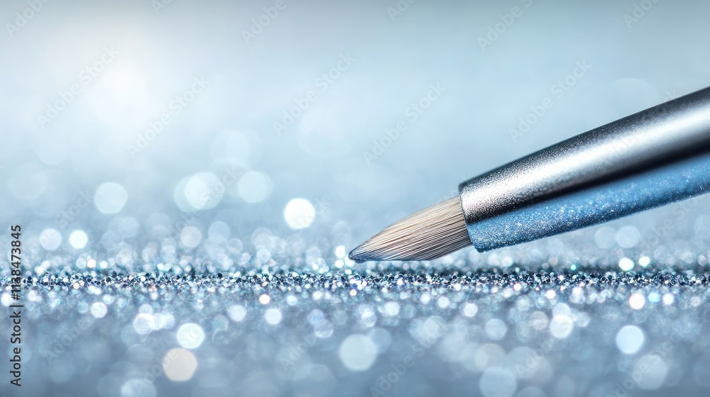 Poster glittering bokeh background with electric blue tones and a brush creating an artistic and visually c