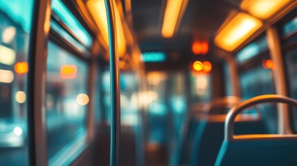 Abstract blurred background of a modern transit interior with soft lighting and empty seats conveying motion and urban life.