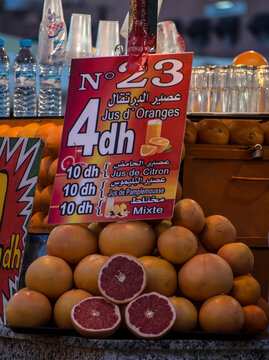 MARRAKECH, MOROCCO - JANUARY 23, 2014:  Orange Juice stall at the Night Market in Place Jemaa el-Fna square