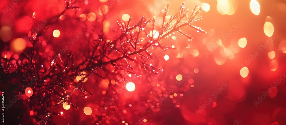 Poster festive red background with shimmering bokeh lights and delicate branches creating a warm holiday at