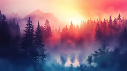 Fototapeta premium Gradient Landscape with Misty Forest and Colorful Sunset Atmosphere in Soft Focus