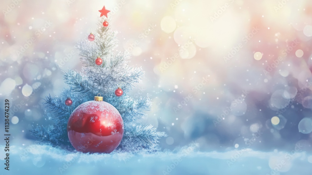 Poster festive christmas tree in snowy landscape adorned with red ornaments creating a dreamy bokeh effect 