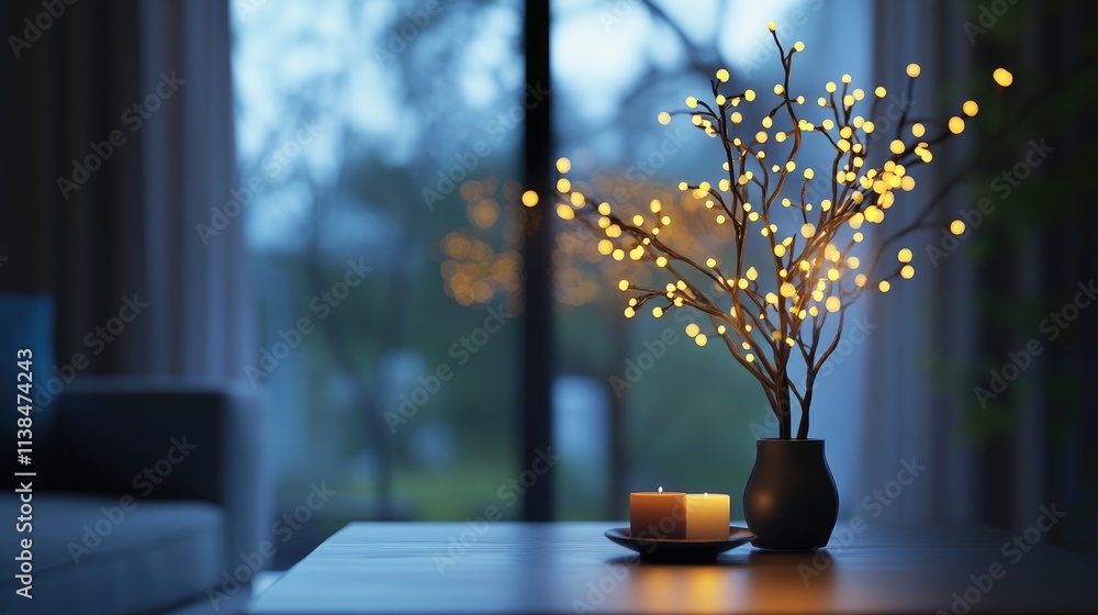 Poster cozy interior scene featuring illuminated decorative branches on a table with candles creating a war