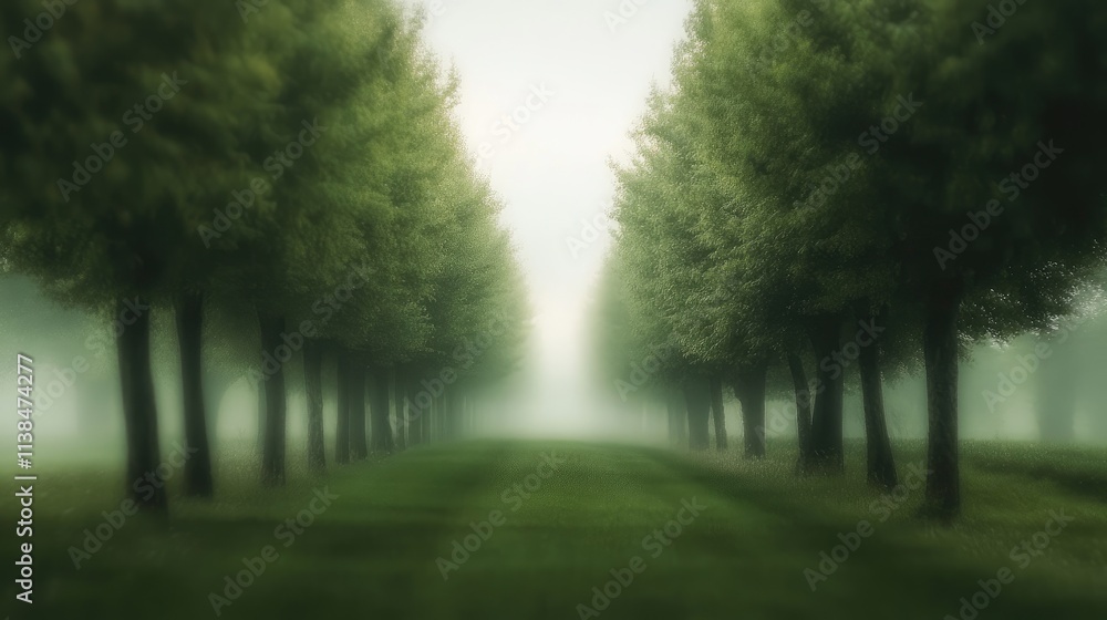 Poster serene blurred green trees creating an abstract natural background in a tranquil landscape scene