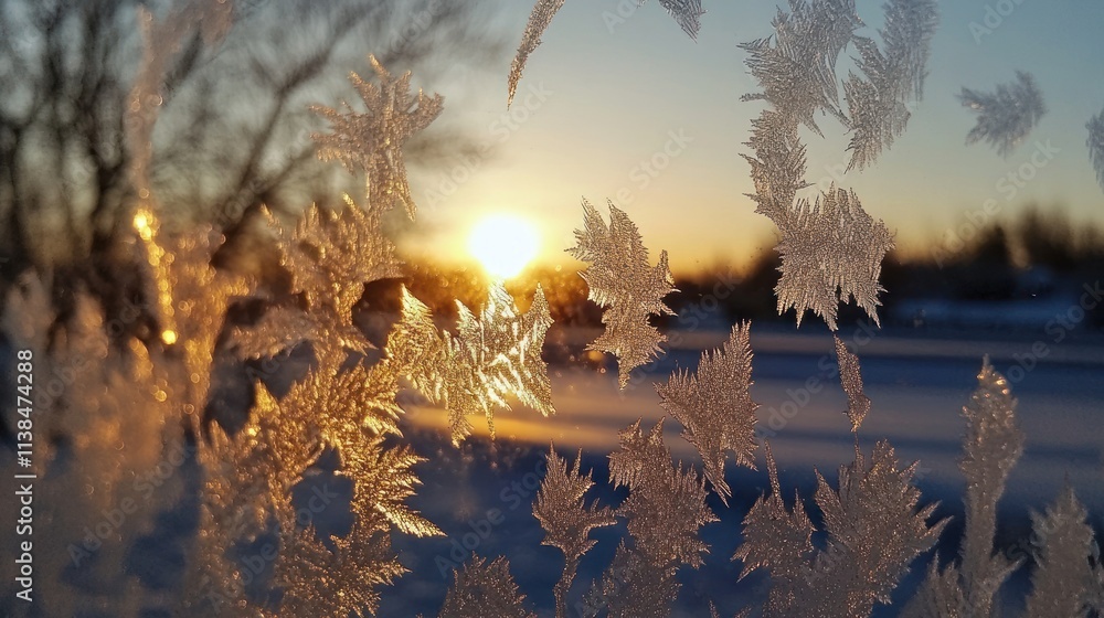 Poster Frosty window with intricate ice patterns and a sunrise in the background.