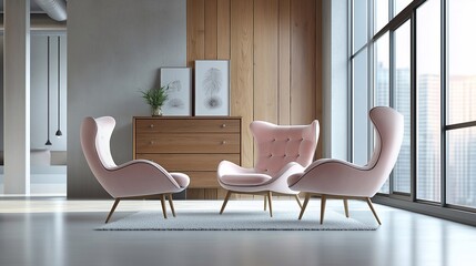 Three pink chairs in a spacious room, lounge area, living room
