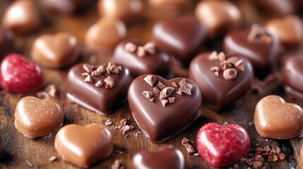 A table filled with lots of chocolate-covered hearts, perfect for Valentine's Day or romantic celebrations