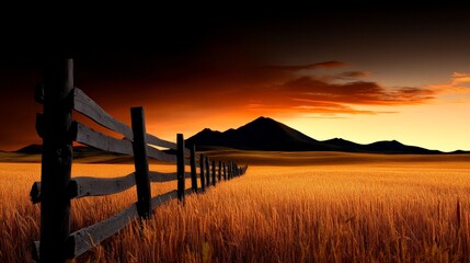 Sunset Serenade on the Prairie: A rustic wooden fence lines a golden wheat field, stretching towards a dramatic sunset silhouetted against majestic mountains.