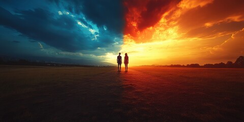 A tranquil landscape featuring two figures silhouetted against a dramatic sunset sky, with breathtaking hues blending seamlessly into the horizon