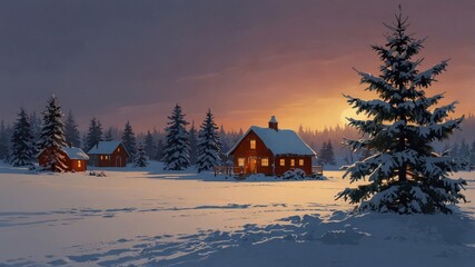 Tranquil snowy landscape with two rustic cabins in the distance, bathed in the warm glow of an orange sunset sky, creating a peaceful and picturesque winter evening scene