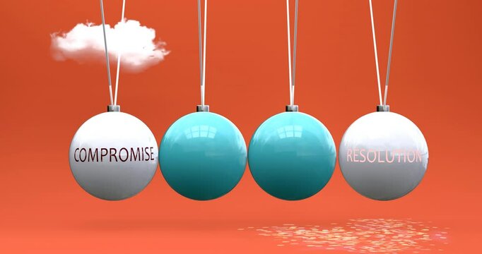 Compromise leads to resolution. Cause and effect relation between compromise and resolution. A Newton cradle metaphor in which compromise gives power to resolution. Can be looped. 