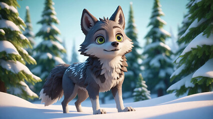 A cartoon wolf is smiling on snow forest background