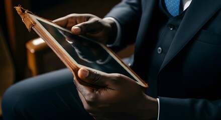 Hands of businessman holding tablet with blank screen