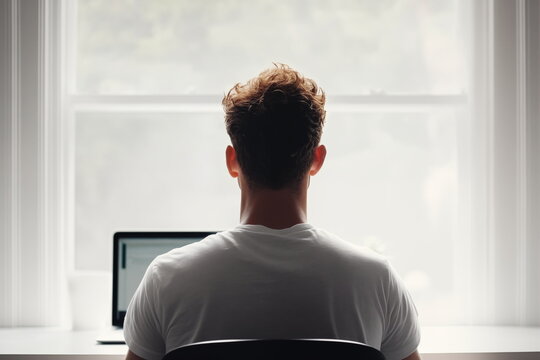 Man working on laptop at home, back view near window, natural light