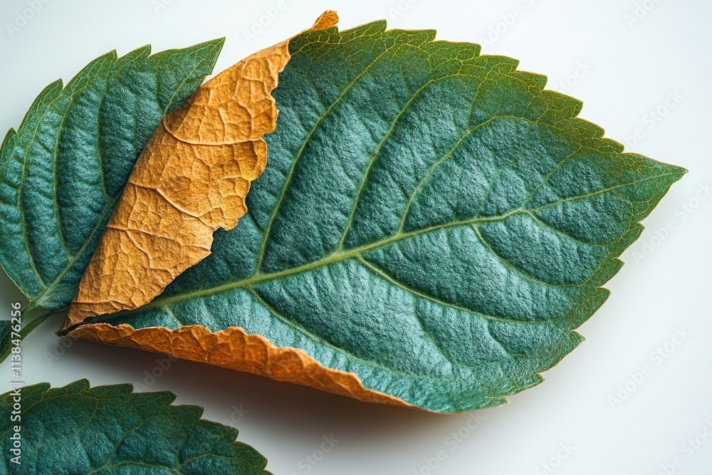 Poster a close-up view of a single leaf on a white surface, ideal for use in designs where texture and deta