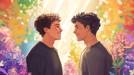 Two young men smile at each other in a vibrant garden filled with colorful flowers and soft sunlight, creating a joyful and serene atmosphere
