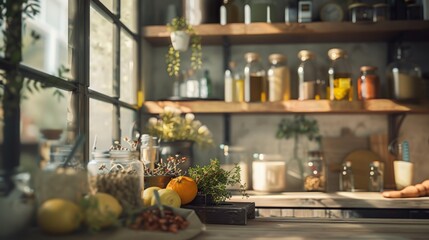 Modern kitchen counter with jars, fruits, and herbs