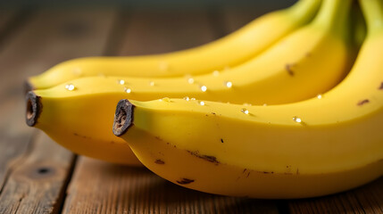 Three ripe bananas glistening with dew, resting on a rustic wooden surface. A vibrant, close-up...