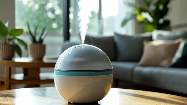A serene diffuser gently releases fragrant mist, enhancing the calm ambiance in a stylish, brightly lit room with modern decor