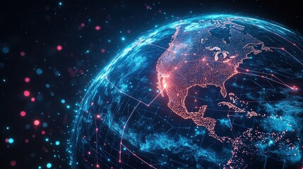 Obraz premium The image depicts a digital representation of Earth, showcasing a futuristic and high-tech aesthetic. illuminated with a network of glowing blue lines and dots, symbolizing data connections