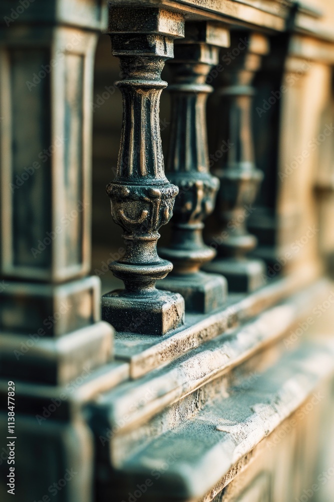 Poster close-up view of metal railing on a building structure, suitable for architectural or urban design c