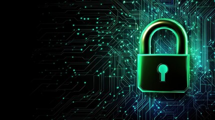 a digital padlock set against a backdrop of intricate circuit patterns, emphasizing themes of cybersecurity and data protection. has a sleek, showcasing circuit-like patterns etched into its surface.