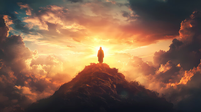 Jesus silhouette on a hill crest, surrounded by a glowing sun and dramatic clouds, representing a prophet's visionary dreams. Heavenly. Illustration