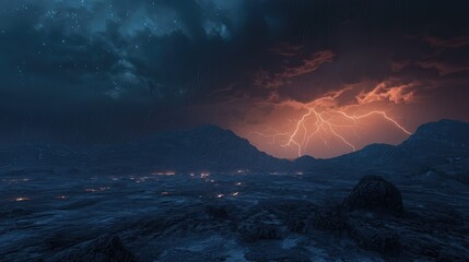 Naklejka premium Dramatic Night Sky with Intense Lightning Strikes Over a Rugged Landscape Illuminated by Stormy Clouds and Eerie Glows in the Distant Horizon