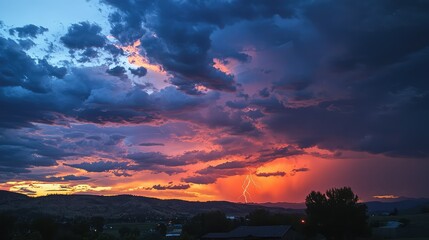 Dramatic Sunset with Lightning Strikes Illuminating the Sky Over a Mountain Range Under Dark Stormy Clouds in Various Shades of Purple and Orange