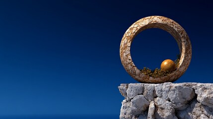 Golden Sphere and Stone Ring: Abstract art photography of a golden sphere nestled within a stone...