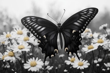 A black and white photo of a butterfly perched on daisies, simple and elegant