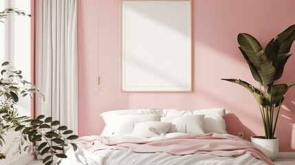 Elegant modern pink bedroom interior with cozy bedspreads, stylish decor and lighting for a modern home design and layout.