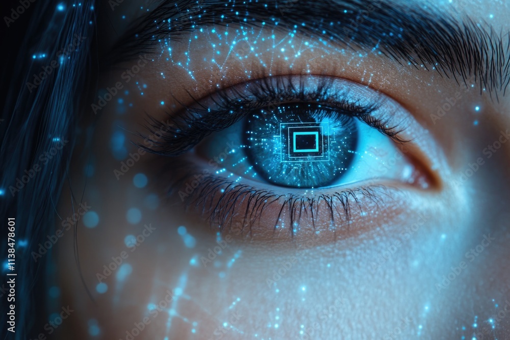 Poster a close-up of an eye with a computer chip embedded in the iris