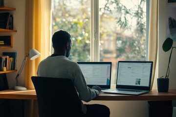 Man working at desk with multiple laptops, focused on screens, indoors, near window, bright environment